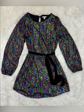 Women Cato Collections Rainbow Sequin Dress with Black Velvet Belt